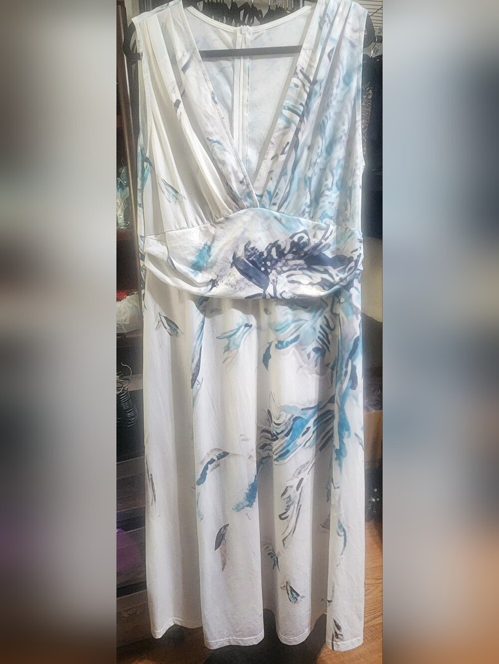 EMILY ROSE White Sleeveless Maxi Dress with Blue Watercolor Print